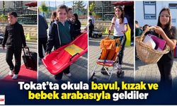 Tokat’ta okula bavul, kızak ve bebek arabasıyla geldiler