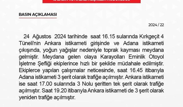 Niğde’de Kırkgeçit 4 Tüneli’nde toprak kayması nedeniyle ulaşım kısa süreli aksadı