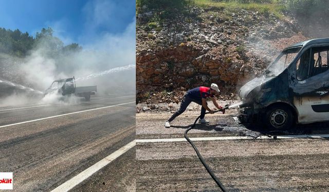 Tokat'ta Motor Kısmından Alev Alan Kamyonet Cayır Cayır Yandı