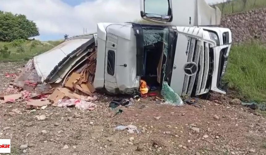 Komşuda Kaza: Tavuk Eti Yüklü Tır Şarampole Uçtu