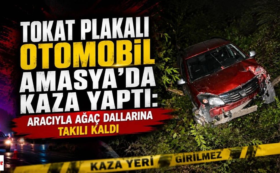 Tokat Plakalı Otomobil Amasya'da Kaza Yaptı: Aracıyla Ağaç Dallarına Takılı Kaldı