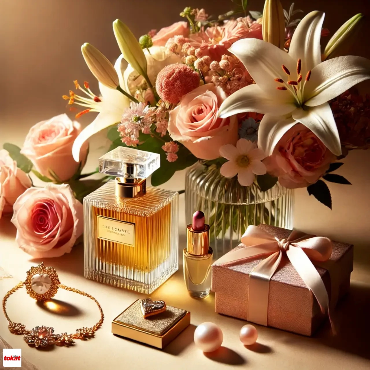 Dall·e 2025 02 13 22.24.30 A Beautifully Arranged Gift Set Featuring A Luxurious Perfume Bottle, An Elegant Jewelry Piece, And A Vibrant Flower Bouquet. The Perfume Bottle Is St