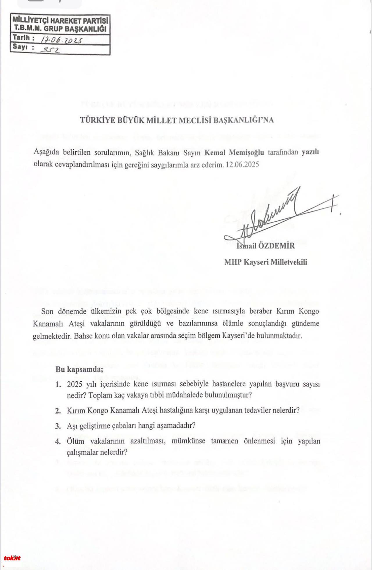 Mhp'li Özdemir'den Kene Isırığına Soru Önergesi1