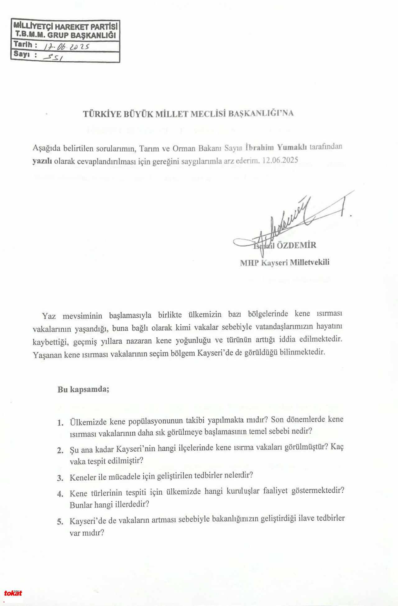 Mhp'li Özdemir'den Kene Isırığına Soru Önergesi2