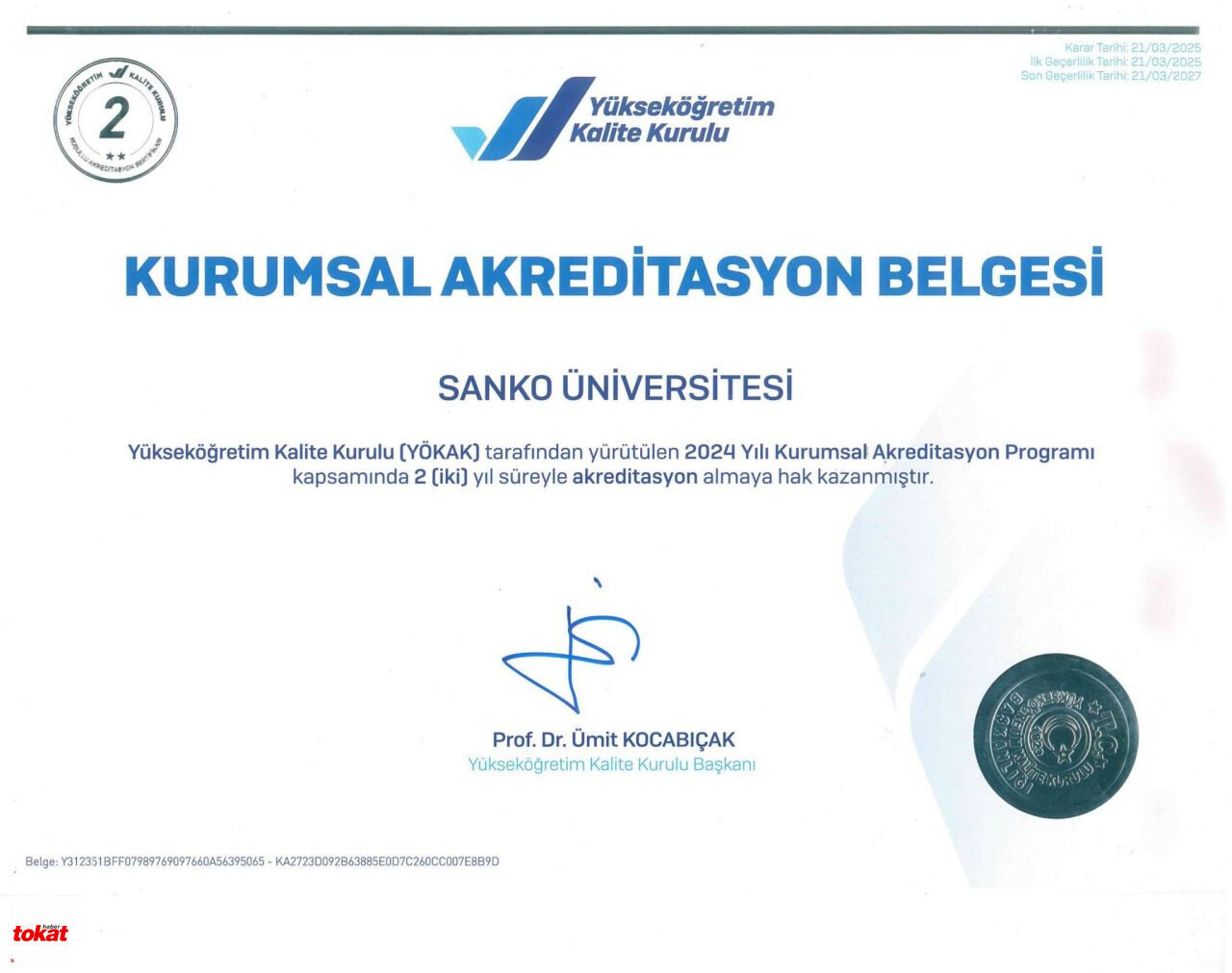 Tokat Habersanko Üni̇versi̇tesi̇ Yökak Kurumsal Akredi̇tasyonu Aldi