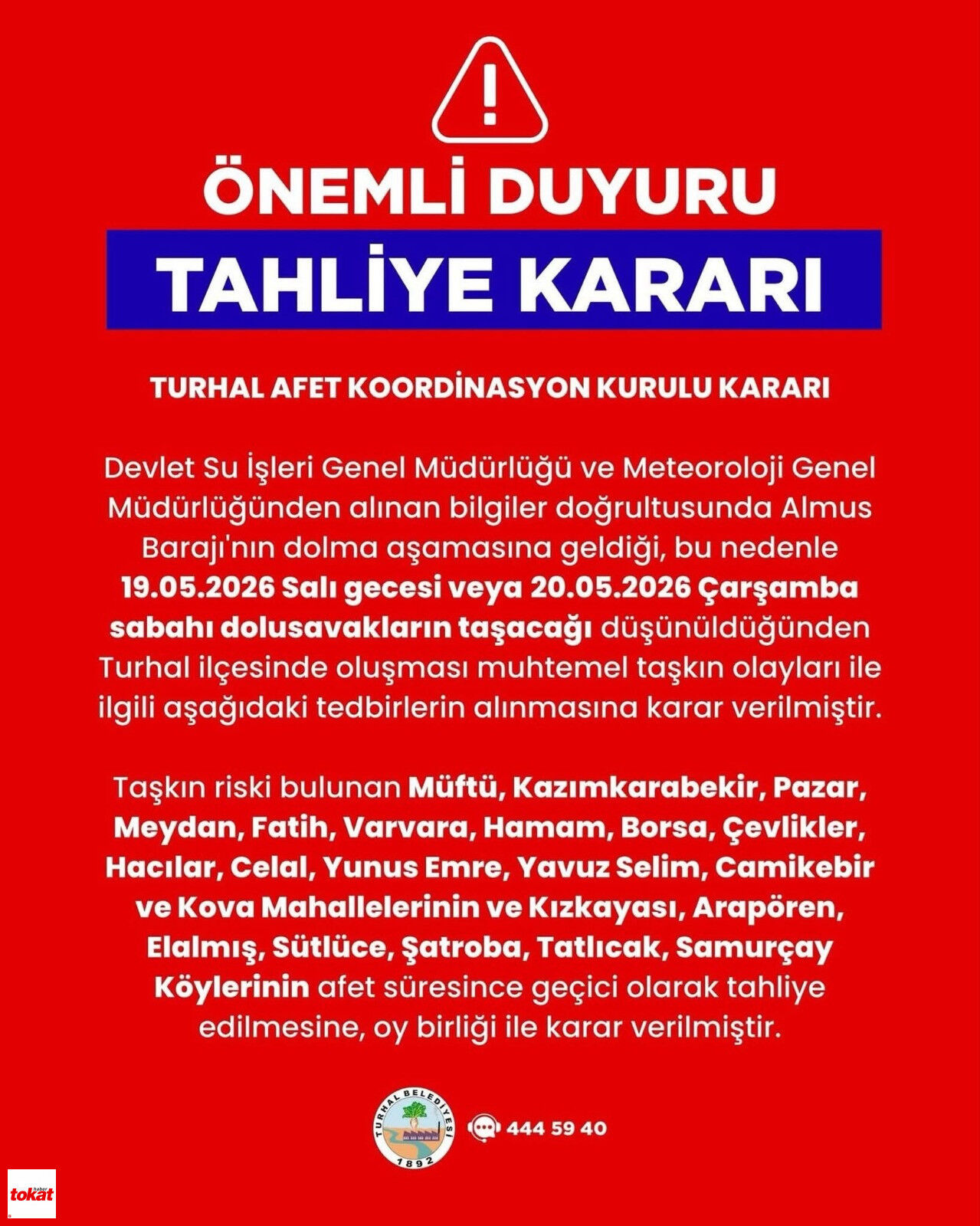 Turhal 15 Mahalle Ve 7 Köy Tahliye