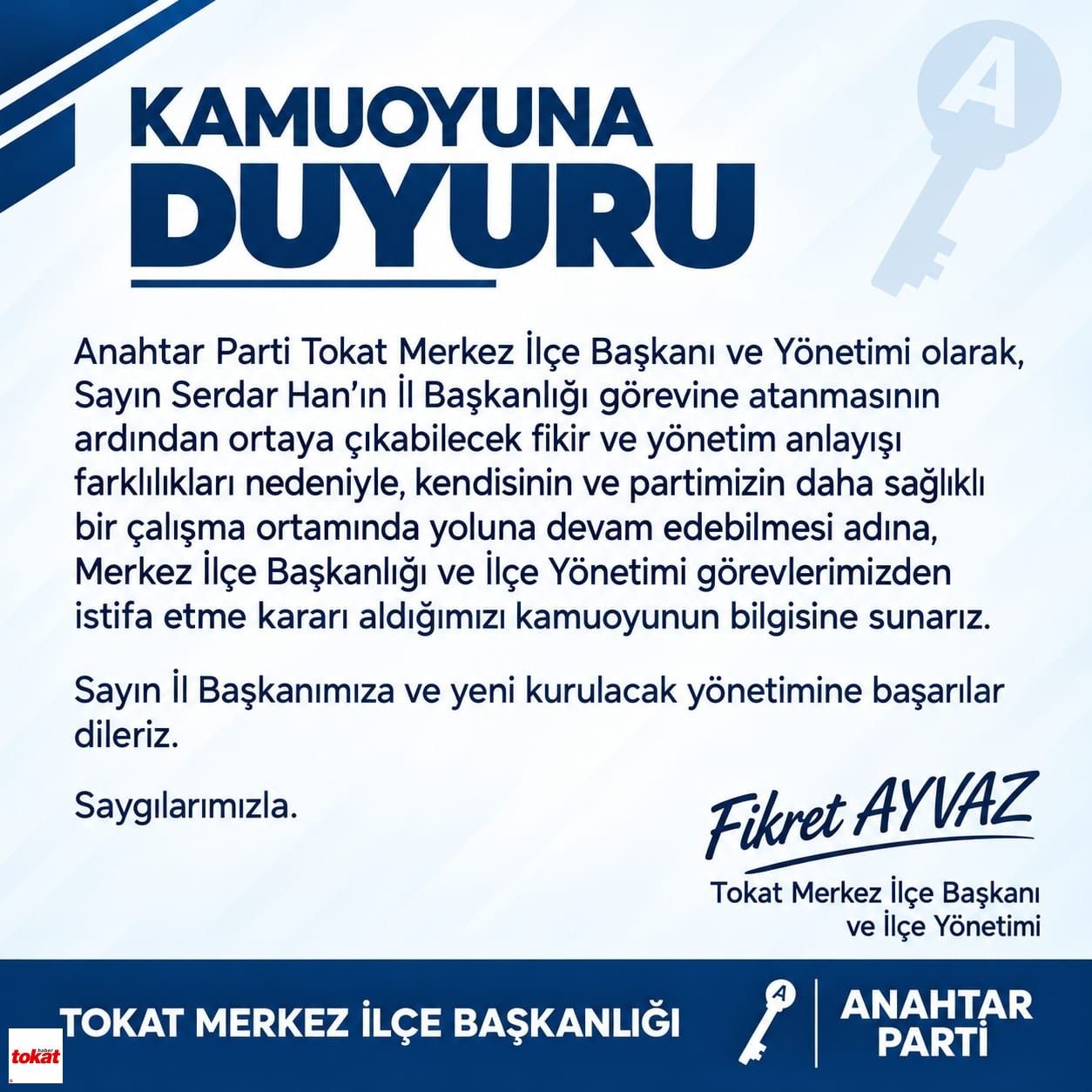 Anahtar Parti Tokat Merkez Ilçe Istifa